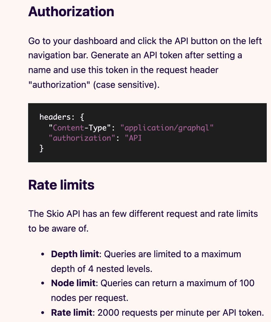 Skio's API reference: the token goes in a lowercase authorization header, prefixed API; example token removed