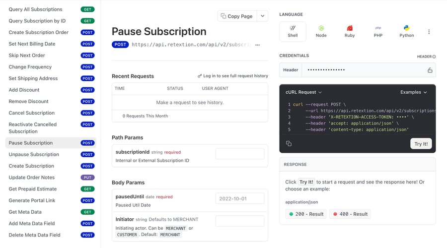 Stay AI's Pause Subscription reference: pausedUntil is required, and the sidebar lists Skip Next Order and Set Next Billing Date