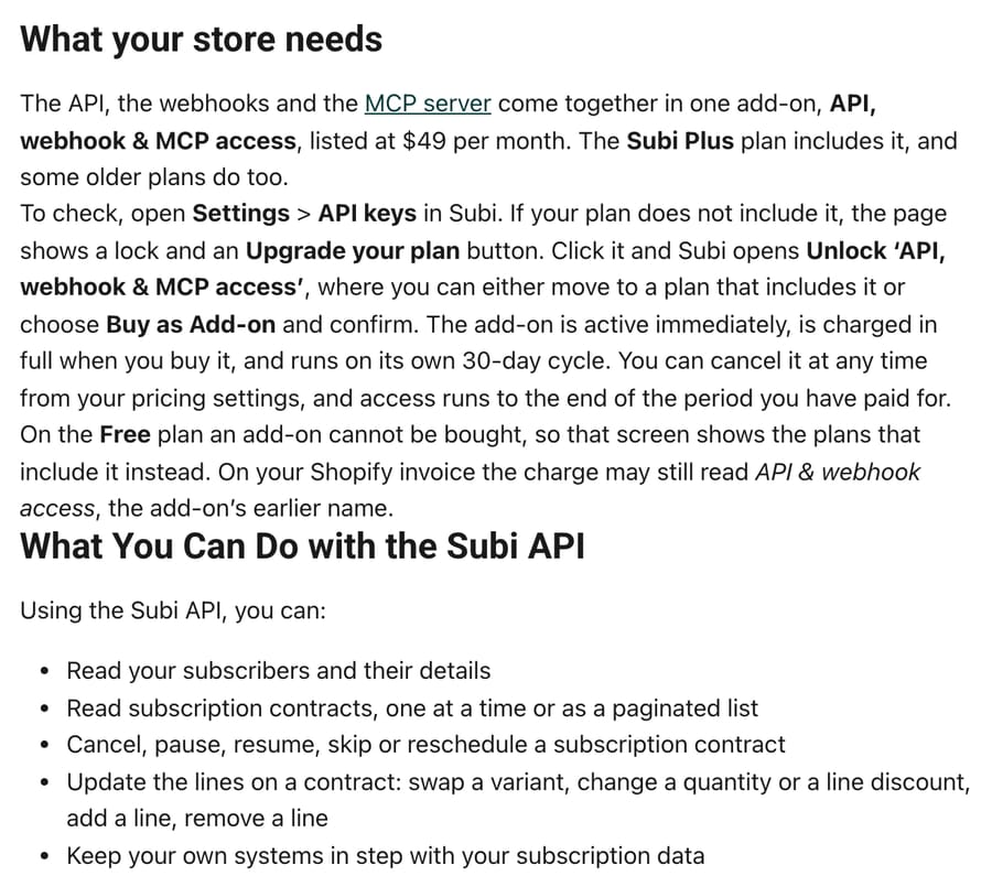 Subi's API guide: API, webhook and MCP access is a $49 a month add-on, included in Subi Plus