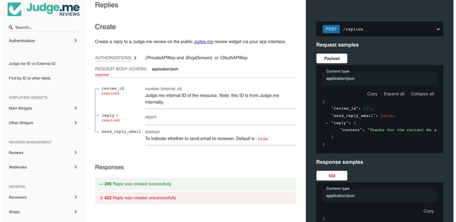 Judge.me API reference for POST /replies, which posts a public reply to a review with a private key and shop domain