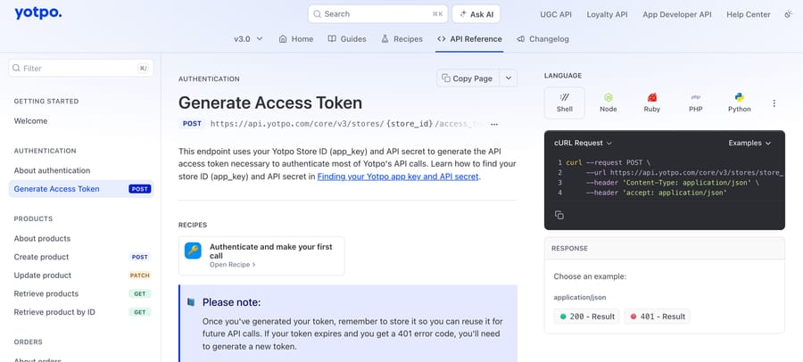 Yotpo's Generate Access Token reference noting that an expired token returns 401 and must be regenerated