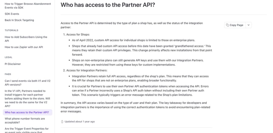 Postscript's developer FAQ stating that since April 2022 custom API access is limited to shops on enterprise plans
