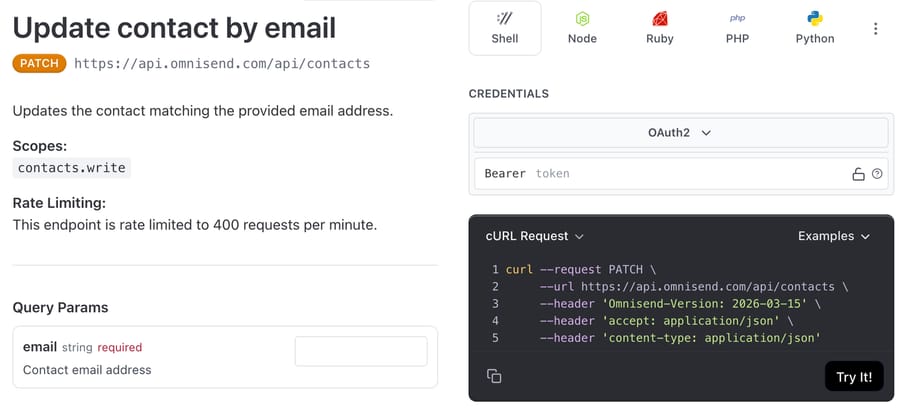 Omnisend API reference: Update contact by email, PATCH https://api.omnisend.com/api/contacts with contacts.write scope and a 400 requests per minute limit, read 28 September 2026
