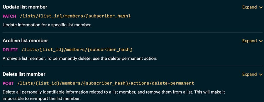 Mailchimp Marketing API reference: DELETE archives a list member, while POST actions/delete-permanent deletes personal data and makes re-import impossible, read 28 September 2026
