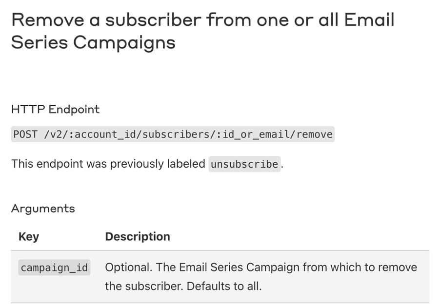 Drip API reference: the remove endpoint was previously labeled unsubscribe and only removes a subscriber from Email Series Campaigns, read 28 September 2026