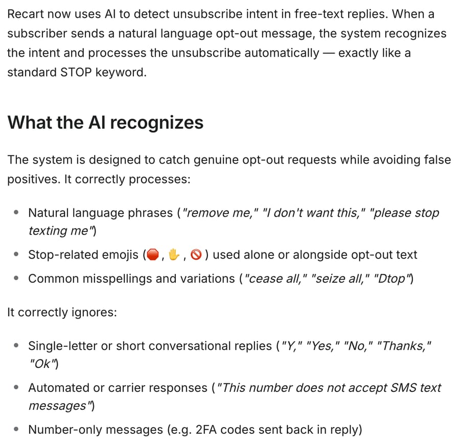 Recart docs: AI-powered unsubscribe intent detection processes natural-language opt-outs, stop emojis and misspellings like a STOP keyword, and ignores short replies and carrier messages, read 28 September 2026