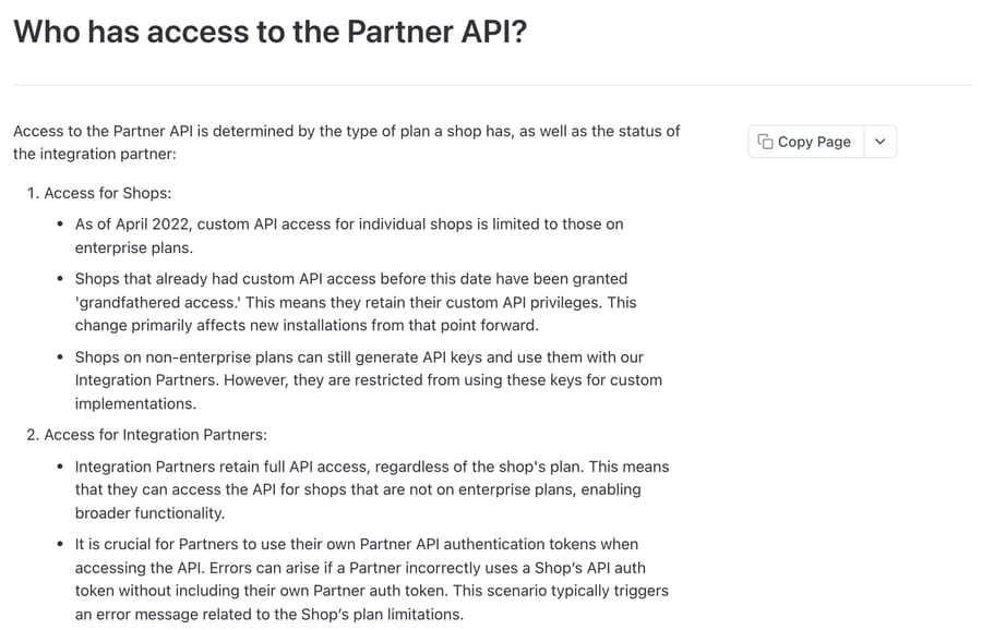 Postscript developer docs: since April 2022 custom API access for individual shops is limited to enterprise plans, while integration partners keep full access, read 28 September 2026