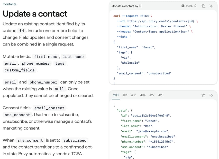 Privy API reference, Update a contact: email_consent and sms_consent fields for subscribing or unsubscribing, with a PATCH example setting email_consent to unsubscribed, read 28 September 2026