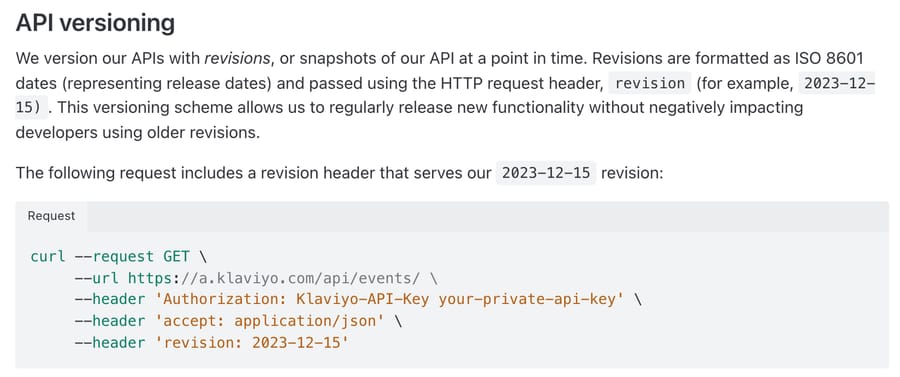 Klaviyo versioning guide: a curl request sending the Klaviyo-API-Key authorization header and a revision header