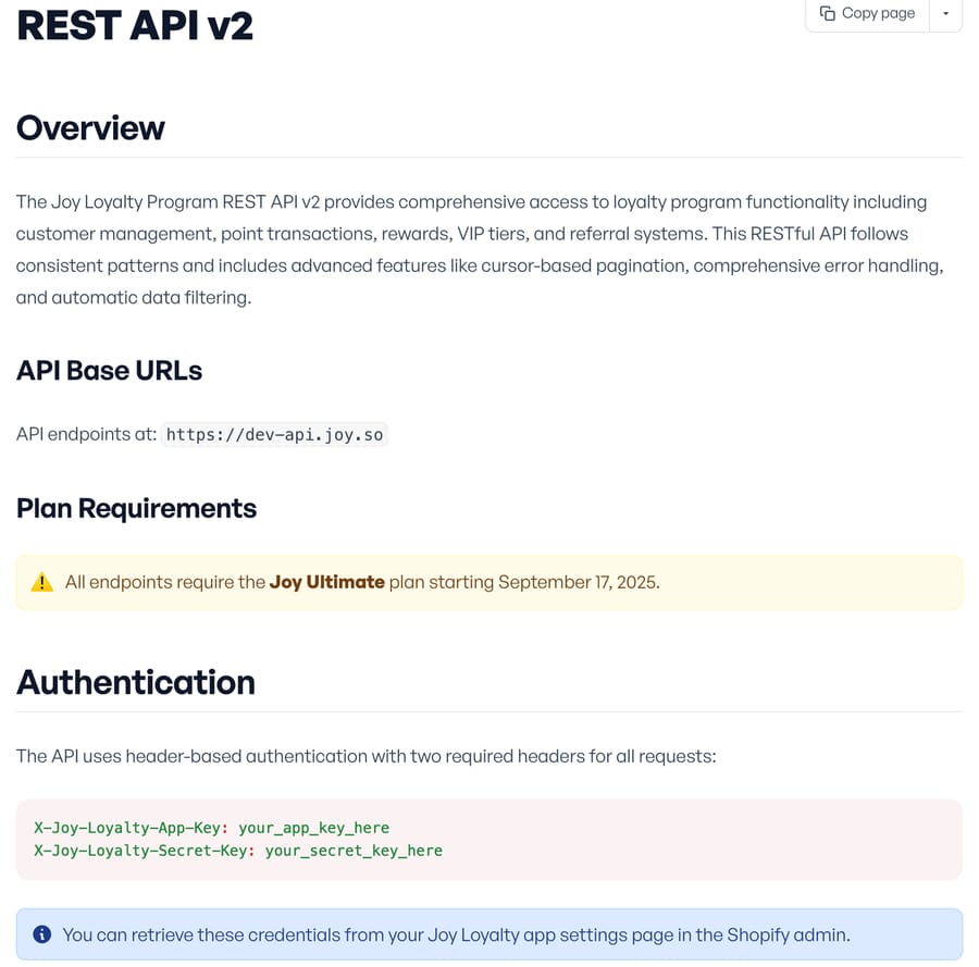 Joy's REST API v2 overview: all endpoints require the Joy Ultimate plan from September 17, 2025, with two auth headers