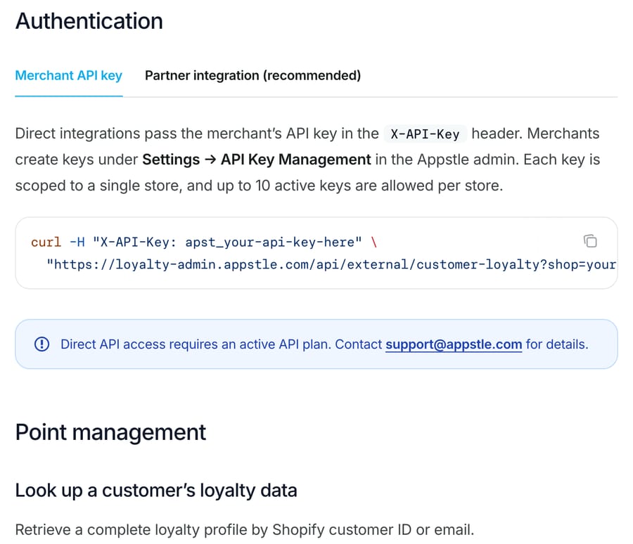 Appstle Loyalty integration guide: merchant API keys go in the X-API-Key header, and direct access requires an active API plan