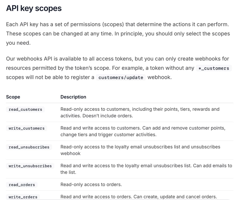 LoyaltyLion API key scopes: write_customers can add and remove points and change tiers