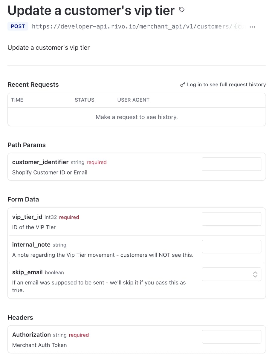 Rivo's REST API reference: Update a customer's VIP tier, with vip_tier_id, internal_note and skip_email