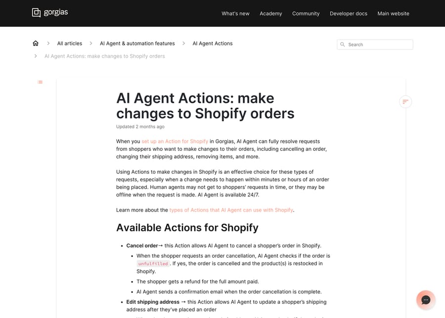 Gorgias doc listing AI Agent Shopify Actions, starting with Cancel order