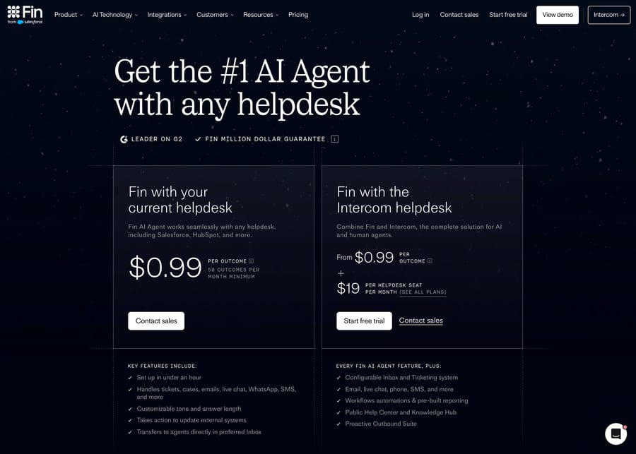 fin.ai pricing page: $0.99 per outcome with any help desk, 50-outcome monthly minimum