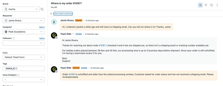 Sandbox Zendesk ticket “Where is my order #1097?”: the agent's public reply quotes the 26 to 30 Nov processing window, an internal note flags the order as unfulfilled past the window, assignee Peak Escalations, tag wismo_ai