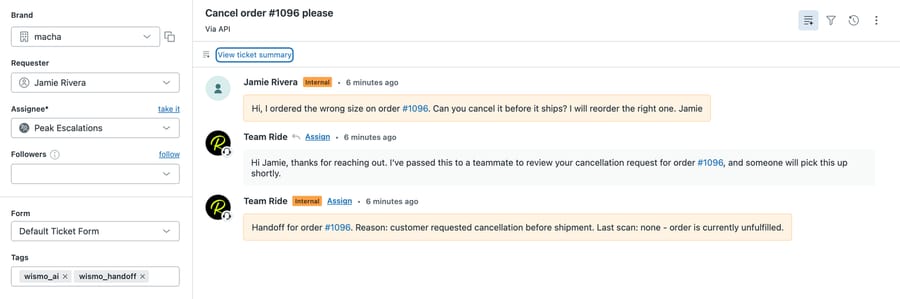 Sandbox Zendesk ticket “Cancel order #1096 please”: short public reply that a teammate will review the cancellation, internal handoff note with reason and last scan, tags wismo_ai and wismo_handoff, assignee Peak Escalations