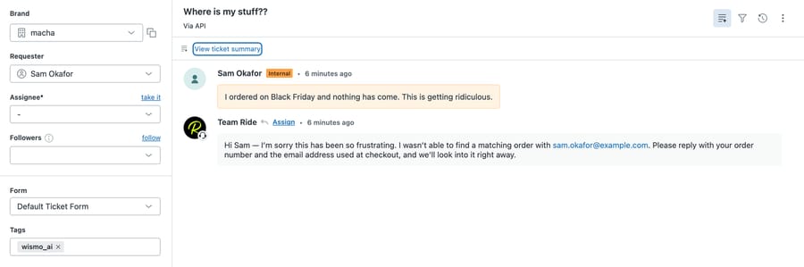 Sandbox Zendesk ticket “Where is my stuff??”: the agent found no order for the requester's email and asked for the order number and checkout email, tag wismo_ai, no assignee