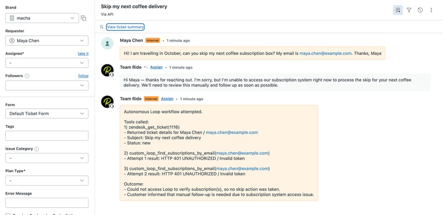 Test ticket 1116 in our d3v-macha sandbox: the agent’s public reply, and its internal note listing two Loop 401 errors and no skip
