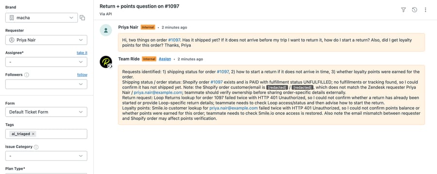 Ticket #1117 internal note: Shopify order #1097 unfulfilled; Loop Returns and Smile.io lookups got HTTP 401