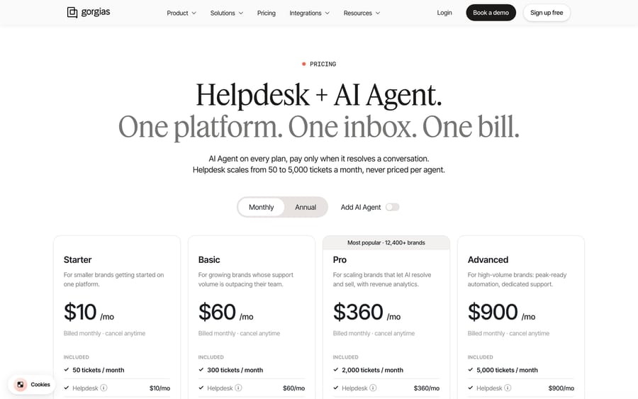 Gorgias pricing page: $10, $60, $360 and $900 a month for 50, 300, 2,000 and 5,000 tickets
