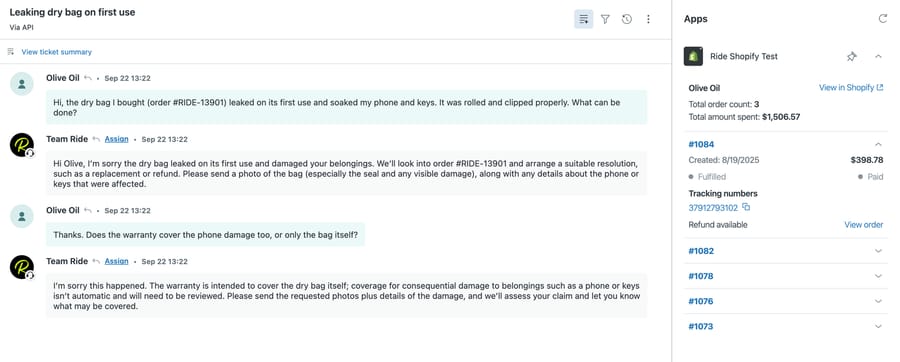 Shopify for Zendesk sidebar on a sandbox ticket listing five orders with status, tracking number and Refund available