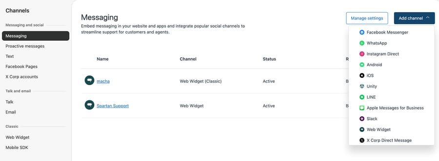 Zendesk Admin Center Messaging page with the Add channel menu open, listing WhatsApp, Instagram Direct and Facebook Messenger