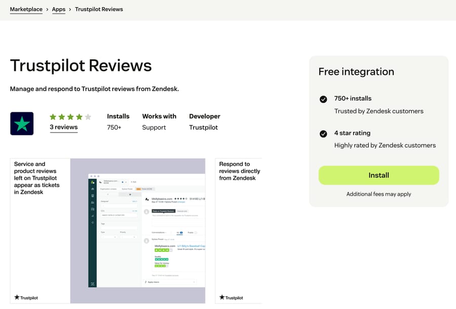 Zendesk Marketplace listing for Trustpilot Reviews: free integration, 750+ installs, 3 reviews, developer Trustpilot