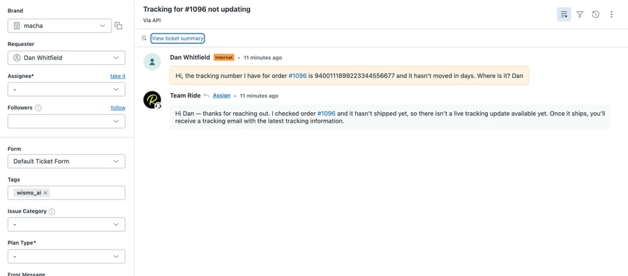 Sandbox Zendesk ticket #1119: the customer quotes a tracking number for order #1096; the agent replies the order hasn't shipped yet and tags it wismo_ai