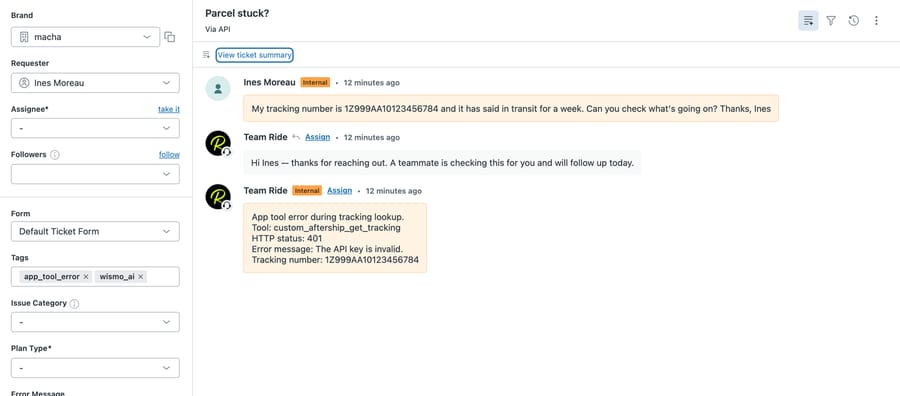 Made-up Zendesk ticket #1120 on our d3v-macha sandbox: the agent's public holding reply, and an internal note recording the AfterShip tool's HTTP 401 and the tracking number, tagged app_tool_error