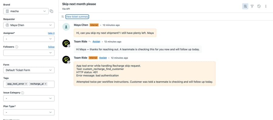 Test ticket #1121, Skip next month please, in a sandbox Zendesk: the customer's message (posted with an Internal badge by Macha's test feature), the agent's public reply saying a teammate is checking and will follow up today, and an internal note listing tool custom_recharge_find_customer, HTTP status 401, error message bad authentication, with tags app_tool_error and recharge_ai