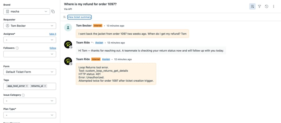 Zendesk sandbox ticket #1122: the test customer asks about a refund on order 1097, the agent replies that a teammate is checking, and an internal note records the Loop tool's HTTP 401