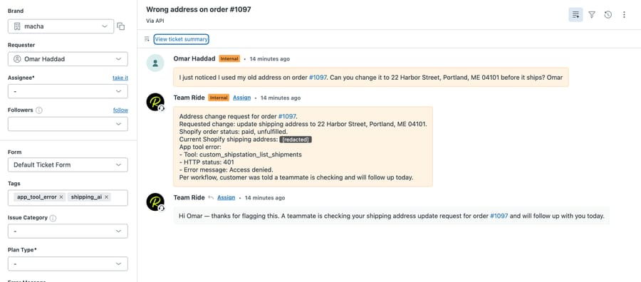 Made-up ticket #1124 on our d3v-macha sandbox: an address-change request, an internal note with the ShipStation tool's 401 and the order's current address (masked), and a public holding reply, tagged app_tool_error and shipping_ai