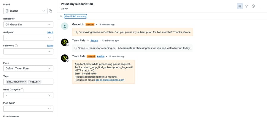 Test ticket 1125: holding reply, and an internal note listing the Loop tool, HTTP 401, Invalid token and the requested pause length