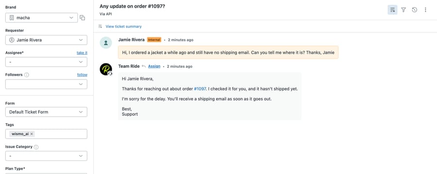 Sandbox Zendesk ticket “Any update on order #1097?” after the date-check fix: the reply says the order hasn't shipped and quotes no holiday window, tag wismo_ai, but no internal note and no assignee