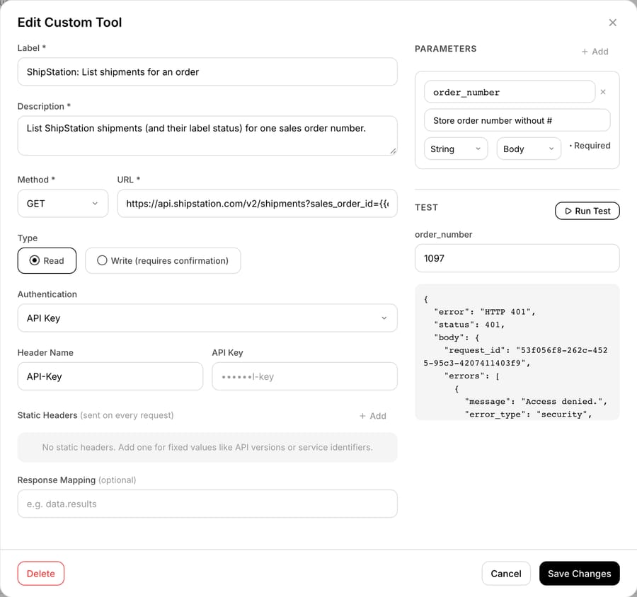 Macha custom tool for ShipStation GET /v2/shipments with an API-Key header; a test call with 1097 returns 401 Access denied