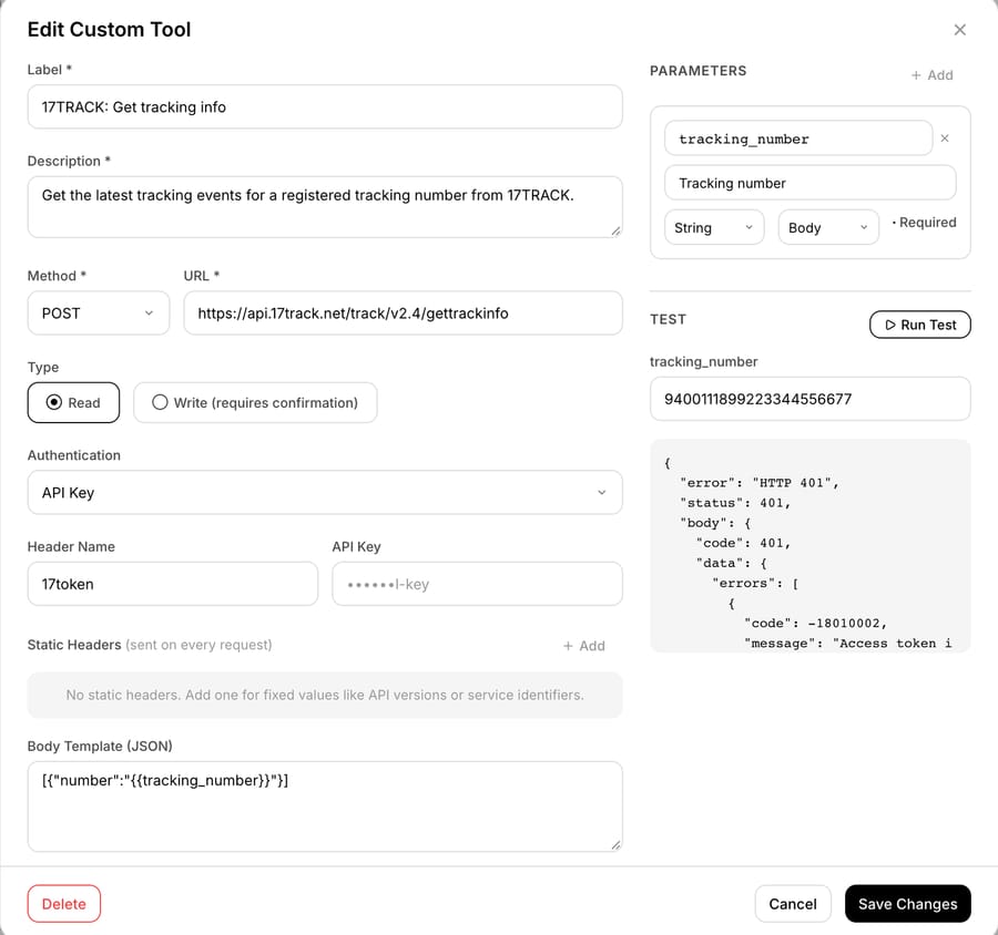 Macha custom tool for 17TRACK: POST gettrackinfo with a 17token header, body template with the tracking_number parameter, and a Run Test returning 401