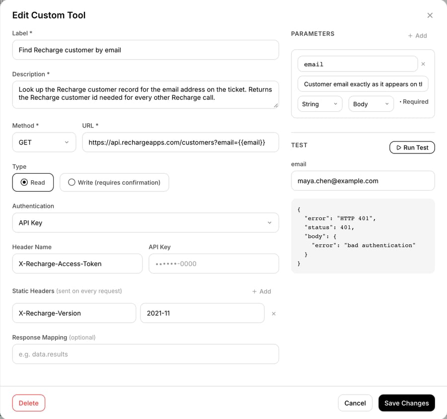 Macha's Edit Custom Tool form for Find Recharge customer by email: GET api.rechargeapps.com/customers?email={{email}}, type Read, API Key auth in the X-Recharge-Access-Token header, a static X-Recharge-Version header set to 2021-11, and a Run Test result of HTTP 401 with the body error bad authentication