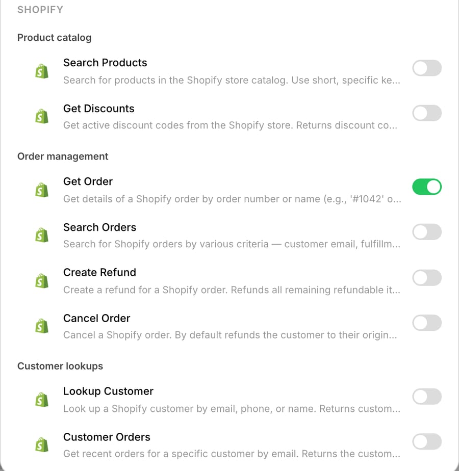 Shopify tools in a Macha agent's Add Tools picker: Get Order switched on; Search Orders, Create Refund and Cancel Order off
