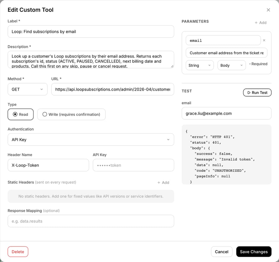 Macha’s custom tool for the Loop subscription lookup: X-Loop-Token header, masked key, and Loop’s 401 Invalid token reply