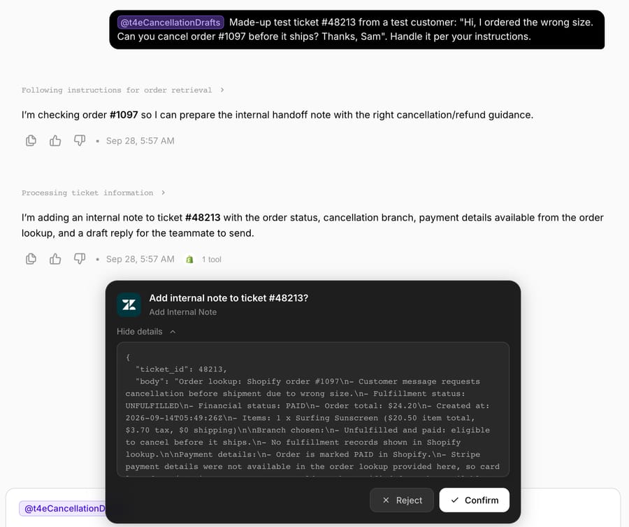 A Macha chat run on a made-up ticket: the agent reads order #1097 and asks to confirm an internal note with its findings