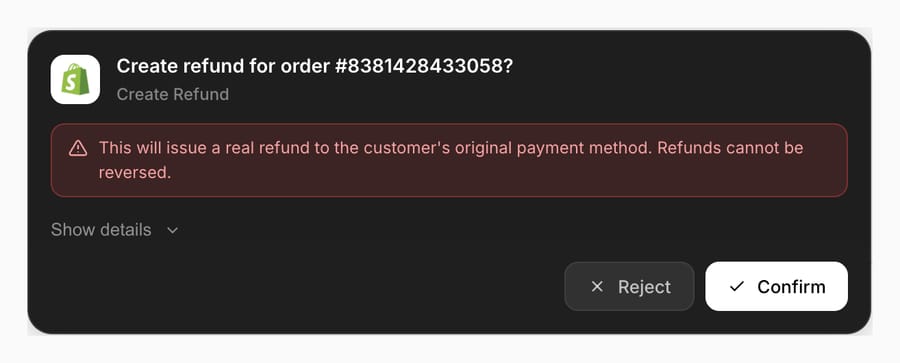 Macha chat confirmation card: Create refund for order, a warning that refunds cannot be reversed, Reject and Confirm buttons