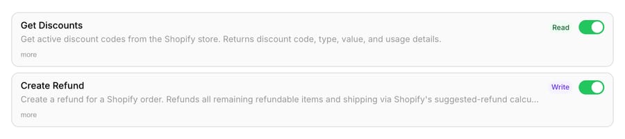 Macha Shopify connector tool rows: Get Discounts marked Read and Create Refund marked Write, each with an on toggle