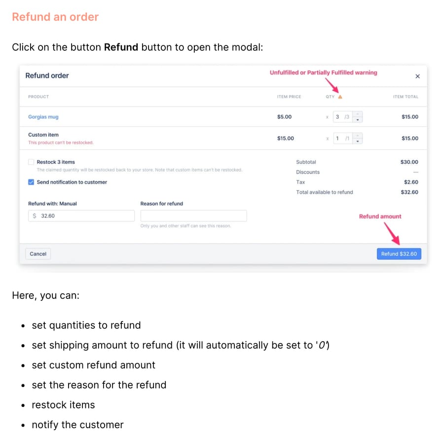 Gorgias Shopify Actions doc: Refund order modal with quantities, restock, notify, refund amount and reason fields