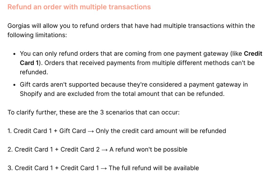 Gorgias doc listing refund limits: one payment gateway only, gift cards excluded, three card scenarios