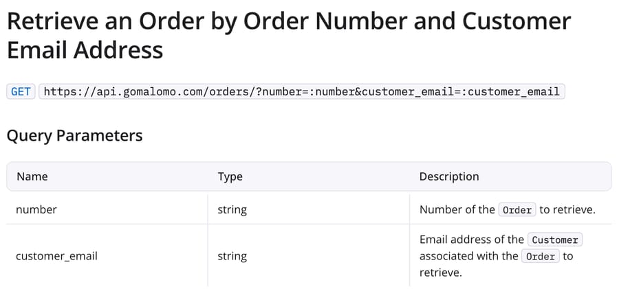 Malomo API reference: GET orders by number and customer_email, with both query parameters described