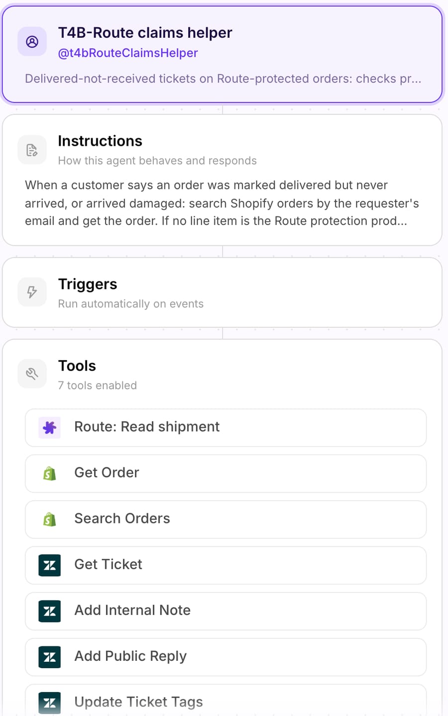 Configuration of the T4B-Route claims helper agent on our Macha Demo test org: the pasted instruction and seven tools, from Route: Read shipment to Zendesk Update Ticket Tags
