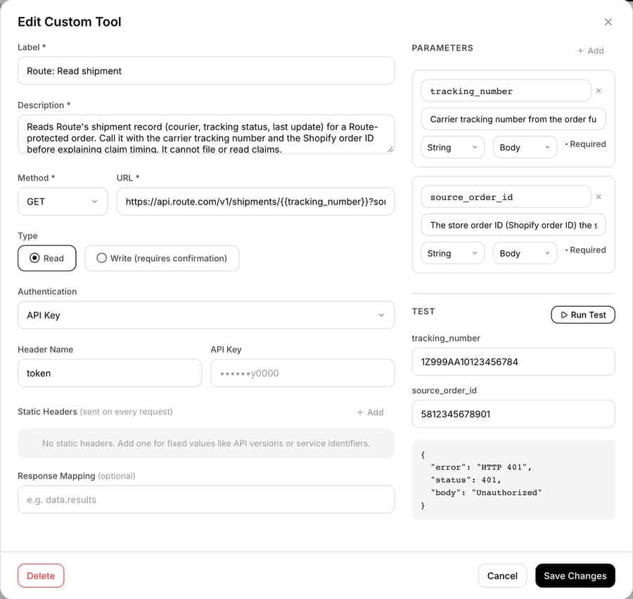 Macha custom tool 'Route: Read shipment' on our test org: GET api.route.com/v1/shipments, API Key auth in a header named token, and a Run Test returning HTTP 401 Unauthorized with a dummy key