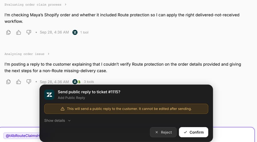 Macha chat for the T4B-Route agent: after reading the Shopify order it proposes a public reply for a non-Route missing package, paused on a Send public reply confirmation card