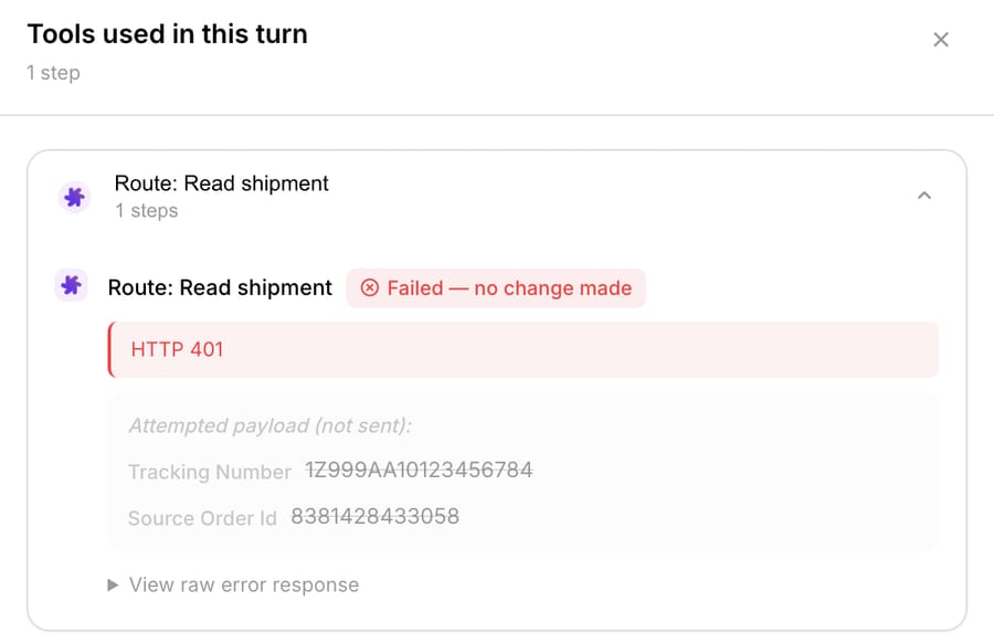 Tool panel for the chat turn: Route: Read shipment failed with HTTP 401, showing the tracking number and source order ID the agent passed